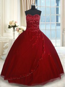 Tulle Sweetheart Sleeveless Lace Up Beading and Appliques Quinceanera Dresses in Wine Red