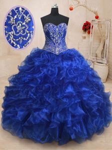 Royal Blue Lace Up Quince Ball Gowns Beading and Ruffles Sleeveless With Brush Train