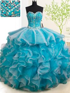 Stunning Brush Train Ball Gowns Quinceanera Dresses Teal Sweetheart Organza Sleeveless With Train Lace Up