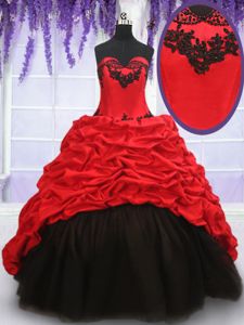 Free and Easy Pick Ups Sweetheart Sleeveless Brush Train Lace Up Sweet 16 Quinceanera Dress Red And Black Organza and Taffeta