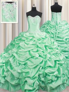 Glamorous Apple Green Ball Gowns Taffeta Sweetheart Sleeveless Beading and Pick Ups With Train Lace Up Quince Ball Gowns Brush Train