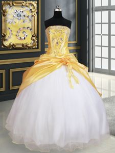 Gorgeous Yellow And White Organza and Taffeta Lace Up Strapless Sleeveless Floor Length 15th Birthday Dress Beading and Pick Ups and Hand Made Flower