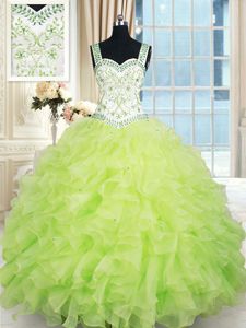 Straps Sleeveless Organza Quinceanera Gown Beading and Ruffles Lace Up