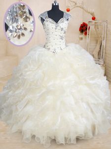 Glorious Champagne Organza Zipper Straps Cap Sleeves Floor Length 15 Quinceanera Dress Beading and Ruffles