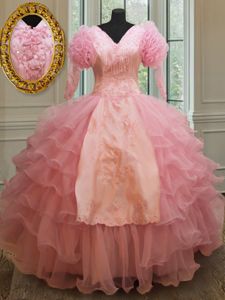 Baby Pink Organza Zipper V-neck Half Sleeves Floor Length Quinceanera Gowns Beading and Embroidery and Ruffled Layers