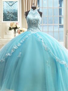 Excellent Aqua Blue Lace Up Halter Top Beading and Lace and Appliques Quinceanera Dresses Tulle Sleeveless