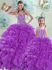 With Train Lace Up Quinceanera Gowns Eggplant Purple and In for Military Ball and Sweet 16 and Quinceanera with Beading and Ruffles Brush Train