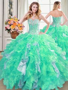 Pretty Sequins Ball Gowns Ball Gown Prom Dress Turquoise Sweetheart Organza Sleeveless Floor Length Lace Up