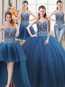 Romantic Four Piece Teal Sleeveless Floor Length Beading Lace Up Quinceanera Dress