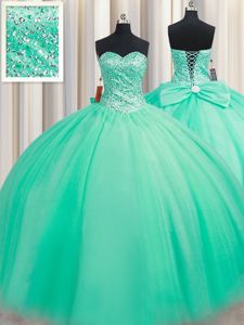 Turquoise Ball Gowns Tulle Sweetheart Sleeveless Beading and Bowknot Floor Length Lace Up 15th Birthday Dress