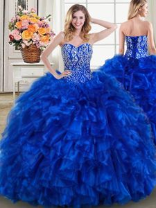 With Train Lace Up Ball Gown Prom Dress Royal Blue and In for Military Ball and Sweet 16 and Quinceanera with Beading and Ruffles Brush Train