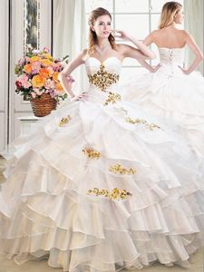 White Lace Up Quinceanera Gown Beading and Ruffles Sleeveless Floor Length