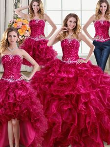 Four Piece Ball Gowns Sweet 16 Quinceanera Dress Fuchsia Strapless Organza Sleeveless Floor Length Lace Up