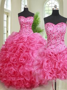 Free and Easy Three Piece Floor Length Hot Pink Sweet 16 Quinceanera Dress Organza Sleeveless Beading and Ruffles