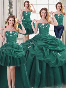 Smart Four Piece Sweetheart Sleeveless Vestidos de Quinceanera Floor Length Beading and Ruffles and Pick Ups Dark Green Organza