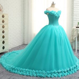 Aqua Blue Ball Gowns Tulle Off The Shoulder Cap Sleeves Hand Made Flower With Train Lace Up Quinceanera Dress Court Train