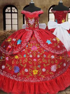 Exquisite Off the Shoulder Floor Length Red Vestidos de Quinceanera Organza and Taffeta Sleeveless Embroidery and Bowknot