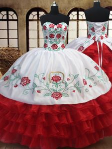 White and Red Sweetheart Lace Up Embroidery and Ruffled Layers Ball Gown Prom Dress Sleeveless