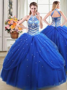 Halter Top Pick Ups Floor Length Ball Gowns Sleeveless Royal Blue 15 Quinceanera Dress Lace Up