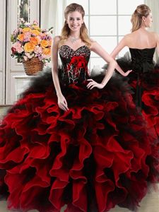 Black and Red Sleeveless Organza and Tulle Lace Up Quince Ball Gowns for Military Ball and Sweet 16 and Quinceanera