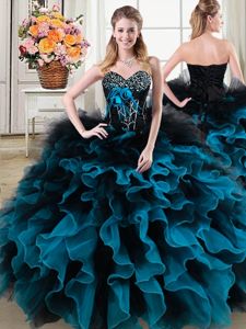 Great Floor Length Lace Up Vestidos de Damas Black and Blue and In for Military Ball and Sweet 16 and Quinceanera with Beading and Ruffles and Hand Made Flower