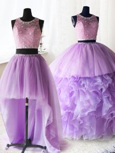 Three Piece Scoop Sleeveless With Train Beading and Lace and Ruffles Zipper Quinceanera Gowns with Lilac Brush Train