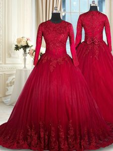 Scoop Wine Red Ball Gowns Beading and Lace and Bowknot 15th Birthday Dress Clasp Handle Tulle Long Sleeves Floor Length