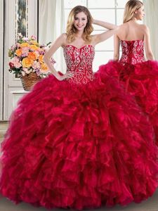 Edgy Red Lace Up Sweet 16 Quinceanera Dress Beading and Ruffles Sleeveless Brush Train