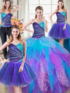 Stylish Four Piece Sleeveless Tulle Floor Length Lace Up Ball Gown Prom Dress in Multi-color for with Beading and Ruffles