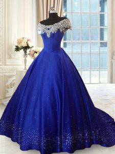 Royal Blue Satin Lace Up Off The Shoulder Cap Sleeves 15th Birthday Dress Beading and Lace