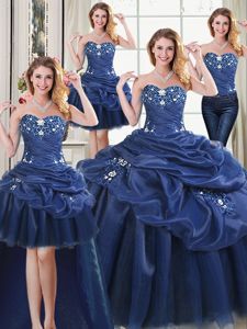 New Style Four Piece Floor Length Ball Gowns Sleeveless Navy Blue Ball Gown Prom Dress Lace Up