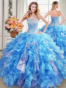 Custom Fit Baby Blue Ball Gowns Sweetheart Sleeveless Organza Floor Length Lace Up Beading and Ruffles and Sequins Ball Gown Prom Dress