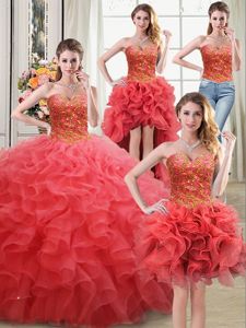 Four Piece Coral Red Sleeveless Organza Lace Up 15 Quinceanera Dress for Military Ball and Sweet 16 and Quinceanera