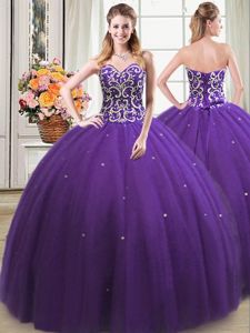 Fine Sweetheart Sleeveless Tulle Quinceanera Gown Beading Lace Up