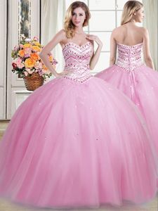 Trendy Sweetheart Sleeveless Lace Up Vestidos de Quinceanera Rose Pink Tulle