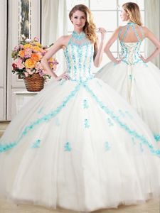 Halter Top Floor Length Ball Gowns Sleeveless White Vestidos de Quinceanera Lace Up