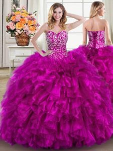 Hot Sale Four Piece Burgundy Organza Lace Up Strapless Sleeveless Floor Length Quinceanera Gown Beading and Ruffles