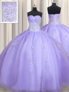 Dramatic Sleeveless Floor Length Beading Zipper Quinceanera Gown with Lavender