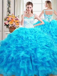 Floor Length Baby Blue Ball Gown Prom Dress Straps Sleeveless Lace Up