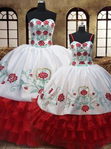 Fashion White And Red Sweetheart Neckline Embroidery and Ruffled Layers Quince Ball Gowns Sleeveless Lace Up