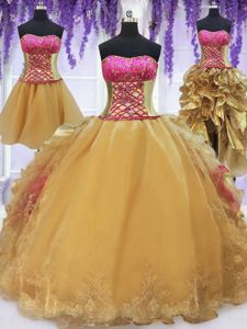 Four Piece With Train Hot Pink and Gold Quinceanera Dresses Strapless Sleeveless Brush Train Lace Up