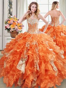 Sequins Floor Length Ball Gowns Sleeveless Orange Sweet 16 Dresses Lace Up