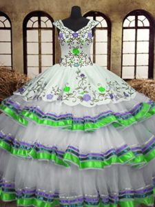 Custom Made White Ball Gowns Straps Sleeveless Organza and Taffeta Floor Length Lace Up Embroidery and Ruffled Layers Sweet 16 Dress