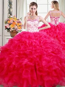 Ball Gowns Sweet 16 Dresses Hot Pink Straps Organza Sleeveless Floor Length Lace Up