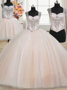 Three Piece Straps Sleeveless Sweet 16 Dresses Floor Length Beading Pink Tulle