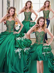 Hot Sale Four Piece Dark Green Ball Gowns Taffeta Sweetheart Sleeveless Beading and Appliques and Pick Ups Floor Length Lace Up 15 Quinceanera Dress