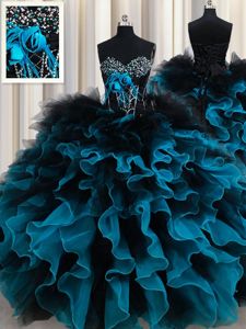 Exquisite Sleeveless Floor Length Beading and Ruffles and Hand Made Flower Lace Up Quinceanera Gown with Black and Blue