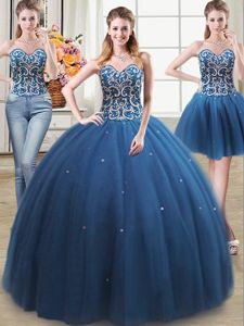 Custom Made Three Piece Teal Sleeveless Floor Length Beading Lace Up Sweet 16 Quinceanera Dress