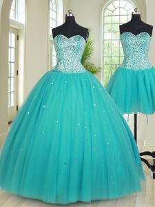 Custom Fit Three Piece Aqua Blue Sweetheart Neckline Beading Sweet 16 Quinceanera Dress Sleeveless Lace Up