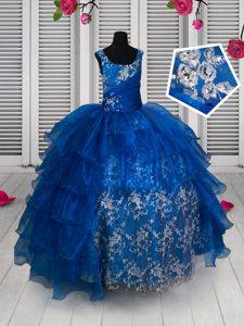 Royal Blue Scoop Neckline Beading and Lace and Ruffled Layers Kids Formal Wear Sleeveless Lace Up